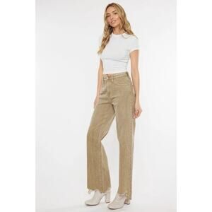 Kancan Mikaella Ultra High Rise 90s Flare Jeans Beige Tan Khaki Distressed 11/29